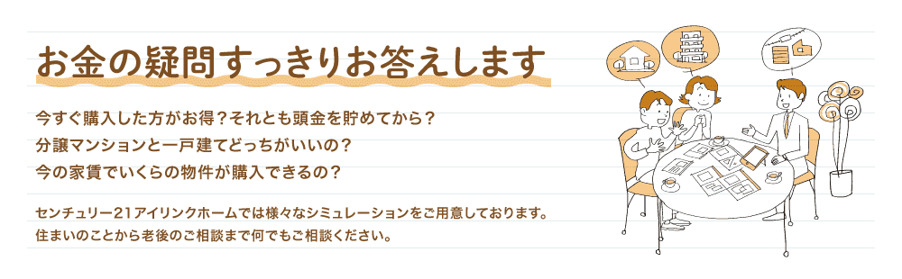 お金の疑問すっきりお答えします　今すぐ購入した方がお得？それとも頭金を貯めてから？分譲マンションと一戸建てどっちがいいの？今の家賃でいくらの物件が購入できるの？　センチュリー21アイリンクホームでは様々なシミュレーションをご用意しております。住まいのことから老後のご相談まで何でもご相談ください。